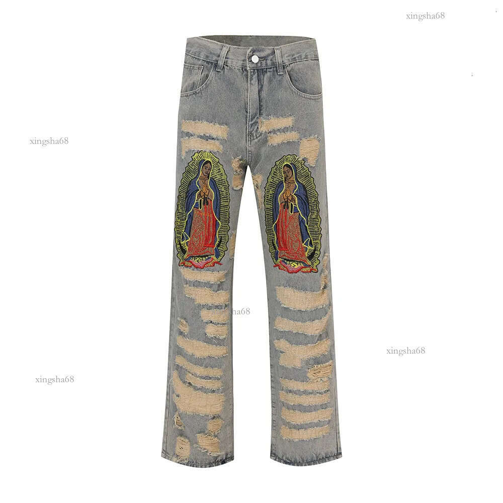 Men's Jeans Y2K Hole Distressed Embroidery Baggy Denim Trousers Unisex Straight Hip Hop Loose Jeans Ripped Casual Men's Cargo Panrs Oversize