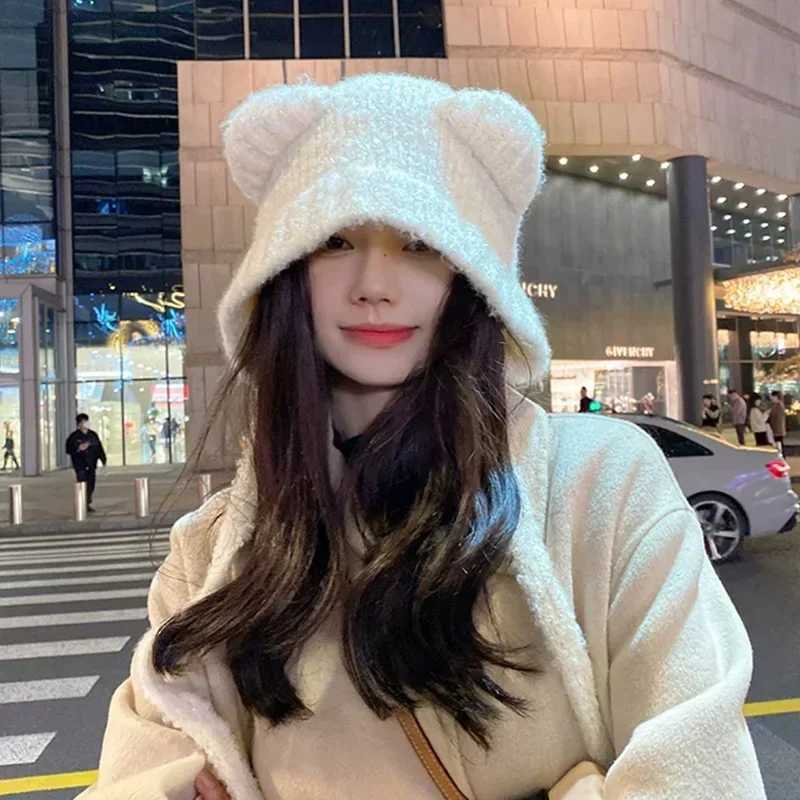 Fashionable Warm Bean Hat Winter Warmth Cute Bear Ear Hat Casual Plush Hat Warm Girl Ear Hoods Windproof Hat X241023