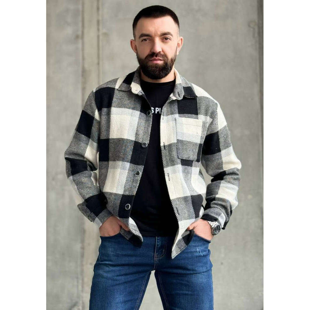 2024 men's flannel thick casual fashion versatile plaid shirt jacket men's warm shirt
