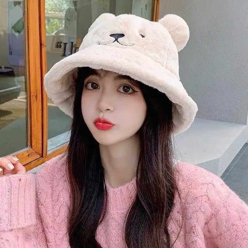 Plush Bear Fishermans Hat Fahsion Autumn/Winter Outdoor Warm and Cute Cartoon Bucket Hat Soft Velvet Hat X241023