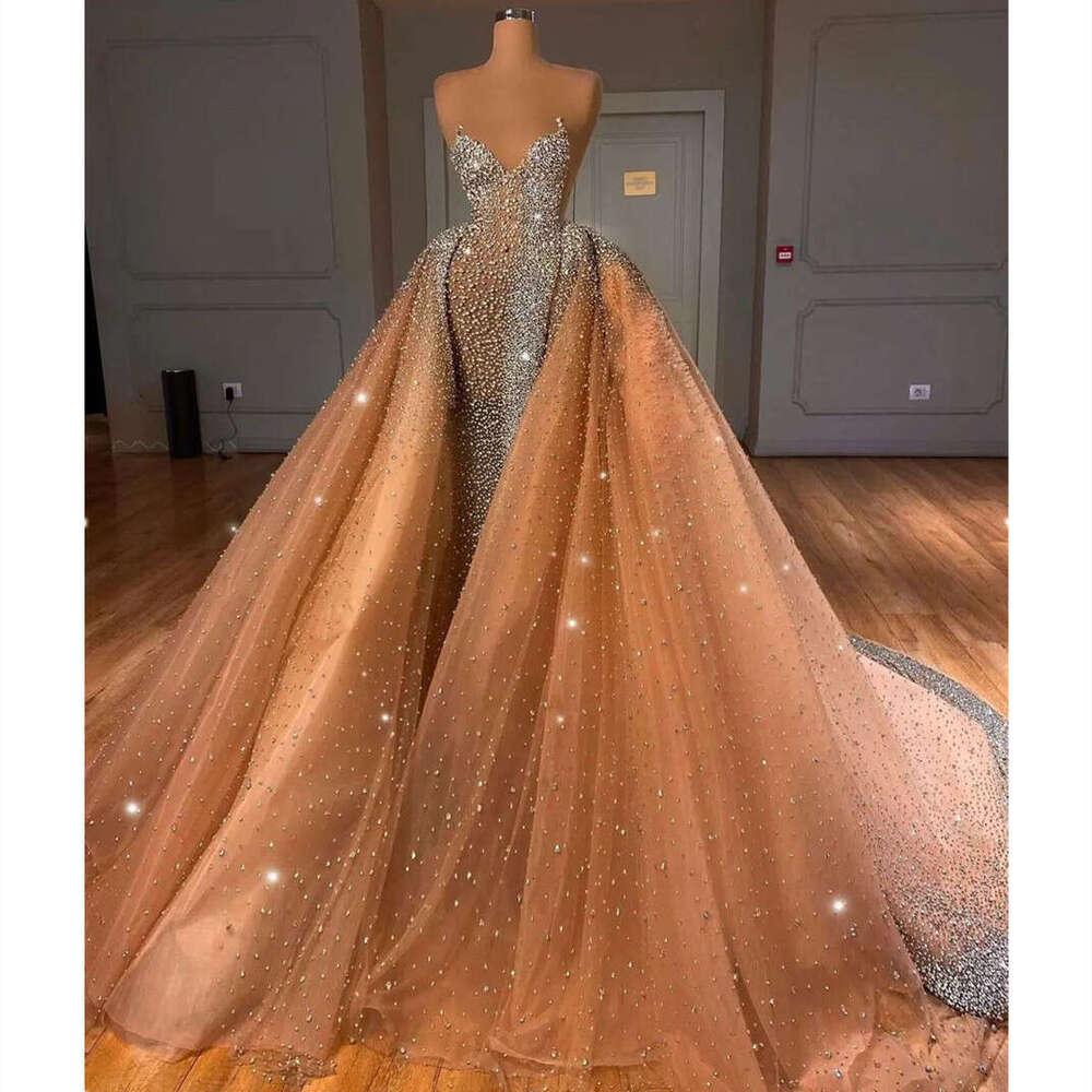 Evening Sleeveless Srapless V Neck Sequins Appliques Pearls Lace Detachable Train Prom Dresses Gowns Custom Made