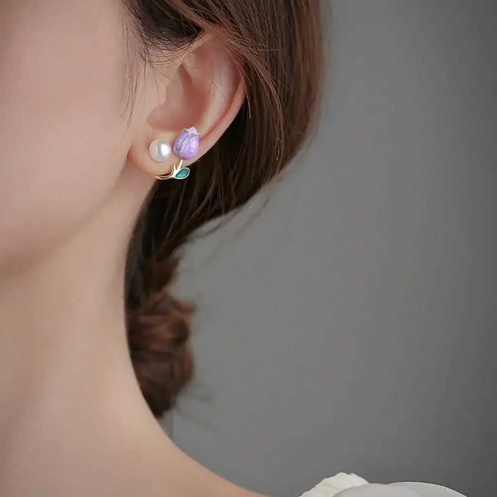 Pink Tulip Imitation Pearl Earrings Rose Color Flower Two Ways To Wear Ear Studs for Girls Daily Wear Women Ear Piercings GiftsX241023