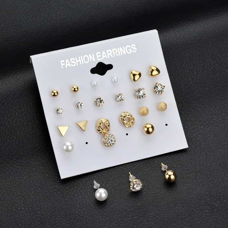 12 Pair/set Fashion Women Square Crystal Heart Stud Earrings For Women Piercing Simulated Pearl Earrings Pendientes BijouxX241023