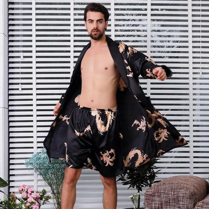 Large size 4XL 5XL mens satin robe set with dragon print 2PCS sleepwear silk sleepwear and robe set for mens casual kimono loose home wear 241023