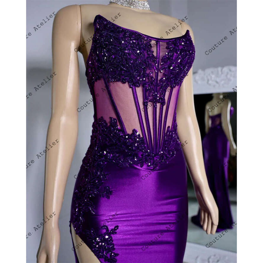 Pretty Purple High Split Rhies Prom For Black Girls Party Dress Women Elegant Gala Dresses Robe De Bal