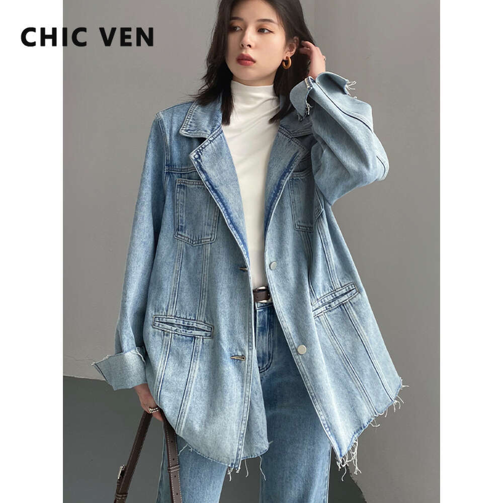 CHIC VEN Women Coat Loose Streetwear New Wide Shoulder Raw Edge Female Denim Jackets Woman Clothing Spring Autumn 2023