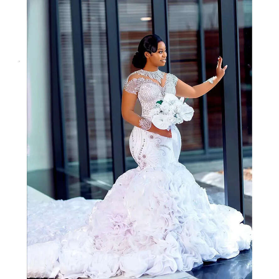 Heavy Gorgeous Mermaid With Laminated, Tulle And Crystal Embellishments, Oversized Traig Bridal Wedding Dress