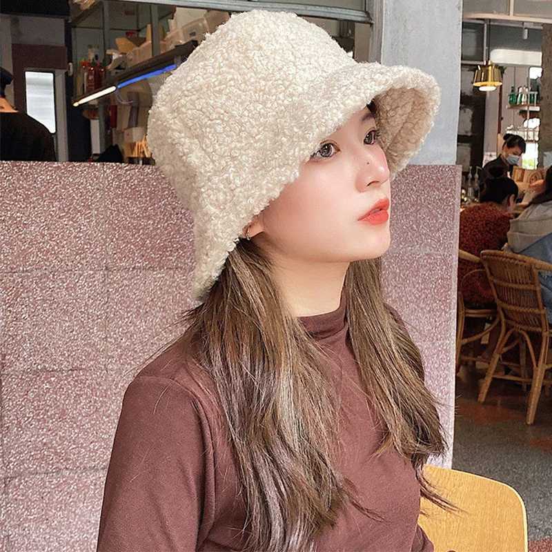 Warm bucket hat solid color autumn winter cashmere outdoor warm Panama hat Harajuku style unisex fisherman hat X241023