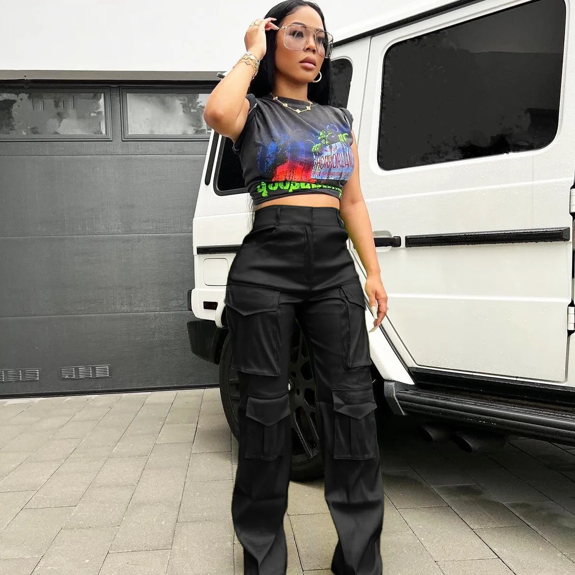 High Street Multi Pocket Elastic Product Pants Sexy Womens High Waist Elegant Street Clothing Casual Trousers 241023