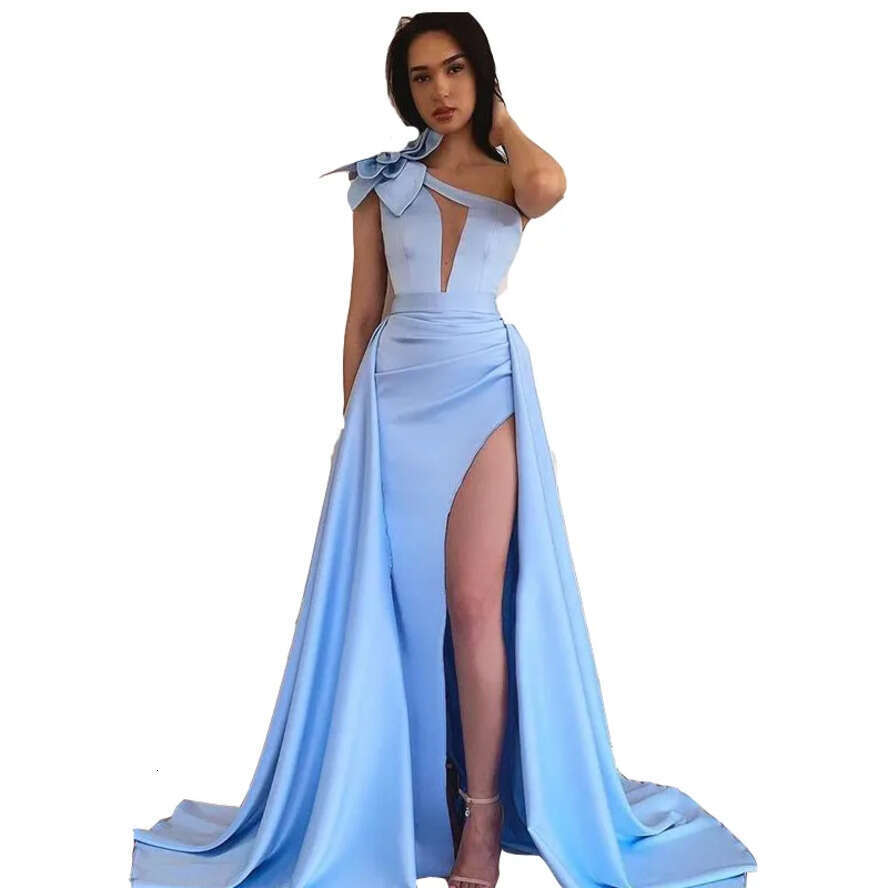 Sexy A E Satin Prom Dresses Light Long With 3D Wer Beads Sleeveless High Split Cut-Out One Shoulder Keyhole Evening Gowns Sweep Train