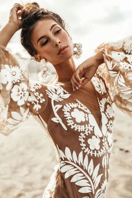 2024 new european and american foreign trade women's wear wish deep v mesh embroidered bubble sleeves open back dress dress new style