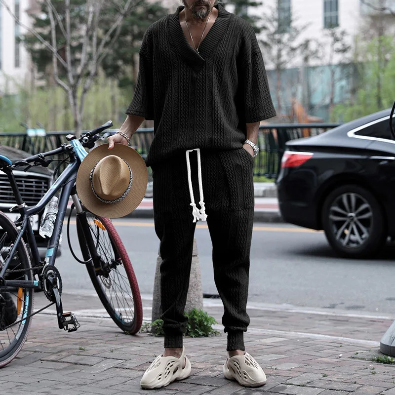 Summer mens casual loose one-third sleeve top jacquard knitted top close-up mens beach suit holiday two-piece clothing 241024