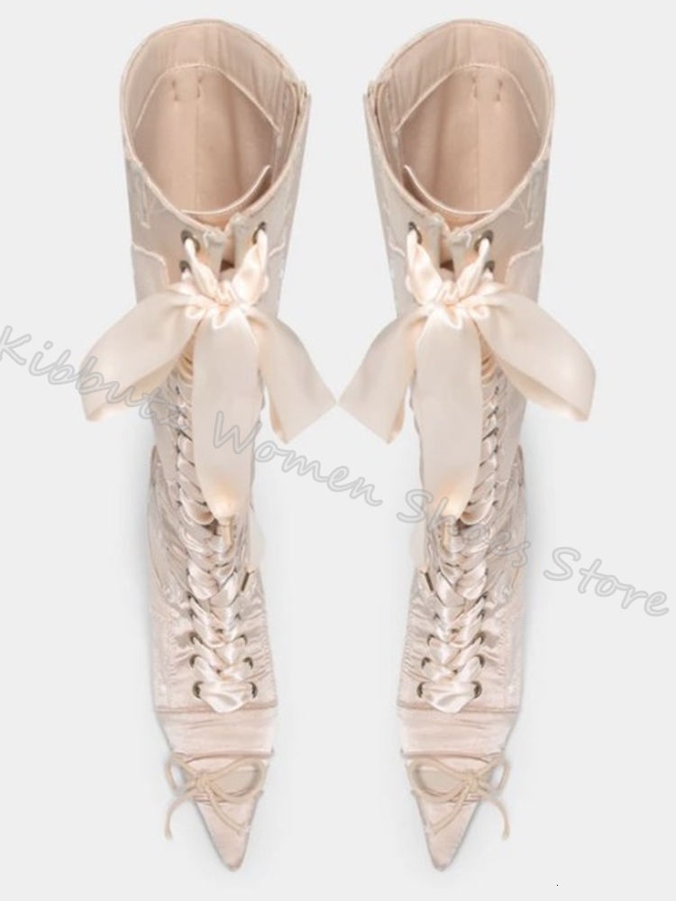 Satin Lace-Up Knee High Boots Bows Belt Buckle Elegant Fashion Sweet Dress Women Shoes New Pointed Toe Kitten Heels Solid Color
