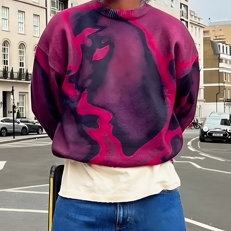 American Street Figure Geometric Printing Loose Harajuku Couple Knitted Sweater Y2k Retro Rose Red Casual Pullover 240930