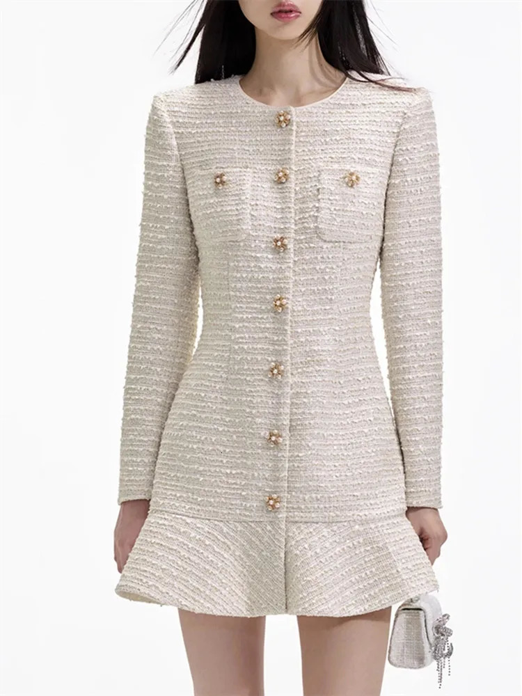 autumn womens coarse tweed pleated mini dress with pearl rhinestone buttons womens round neck long sleeved elegant short dress 241023