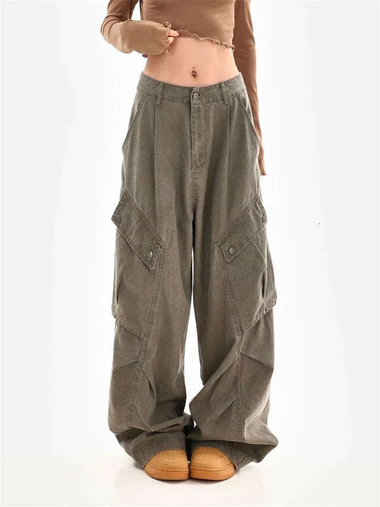 Womens Multi Pocket Splicing Unisex Pants Retro Street Wide Leg Girl Bottom Womens High Waist Bag Trouser 241023