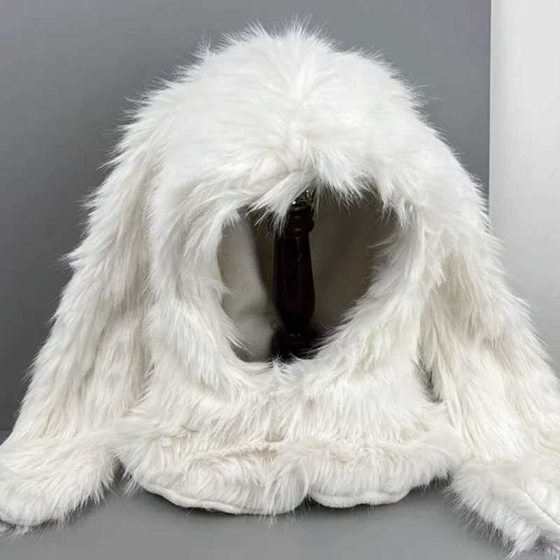 Bonnie Bunny White Plush Rabbit Ear Hat Winter Cute Warm Balaclava Scarf Integrated Neck Protection Hat Beanies X241023