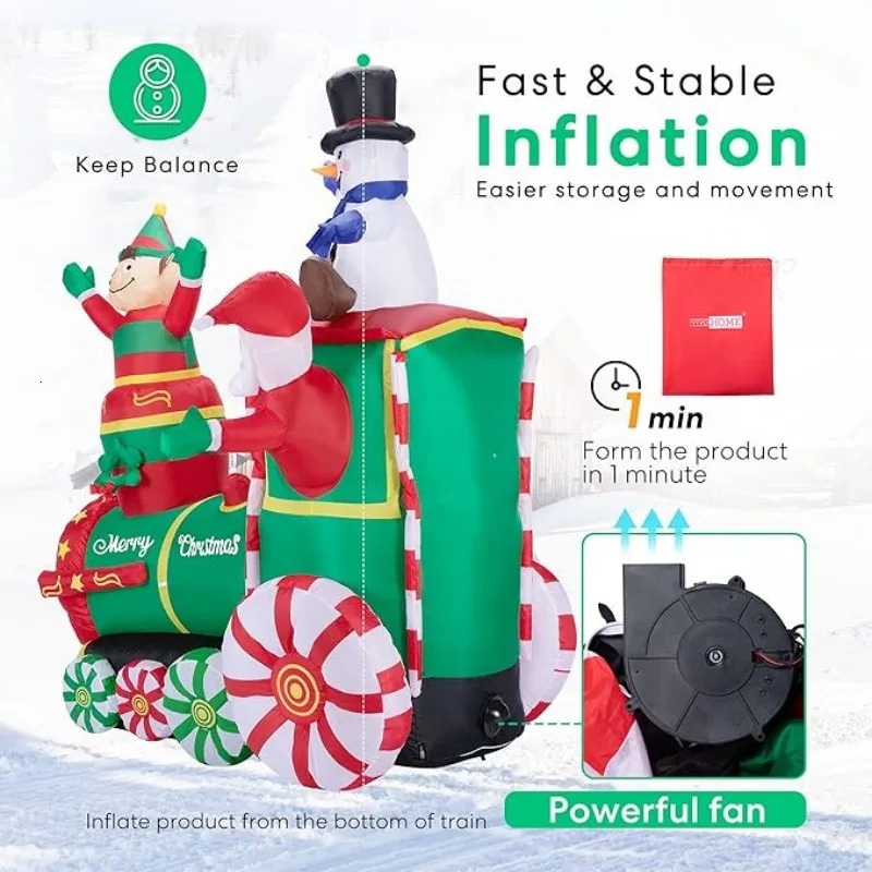 1.8M/6FT Christmas Decoration Inflatable 3-Person Train with Built in LED Lights Indoor and Outdoor Christmas Party Garden Scene Celebration 241024