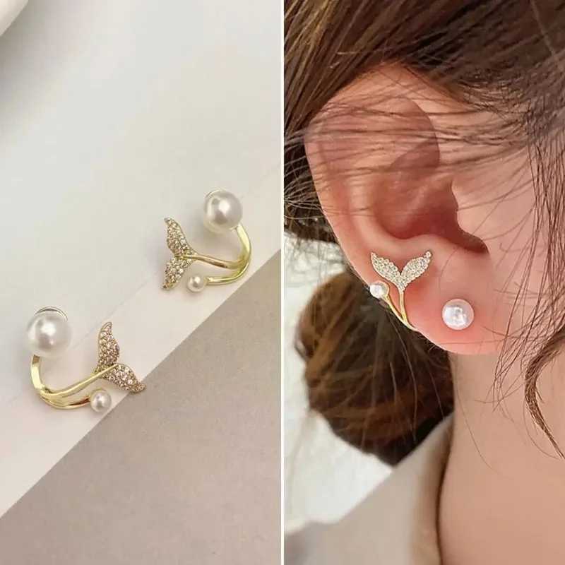 Women New Light Luxury Crystal Fish Tail Studs Earrings Pearl Mermaid Ear Tail Cuff Whale Tail Mermaid Earrings AccessoriesX241023