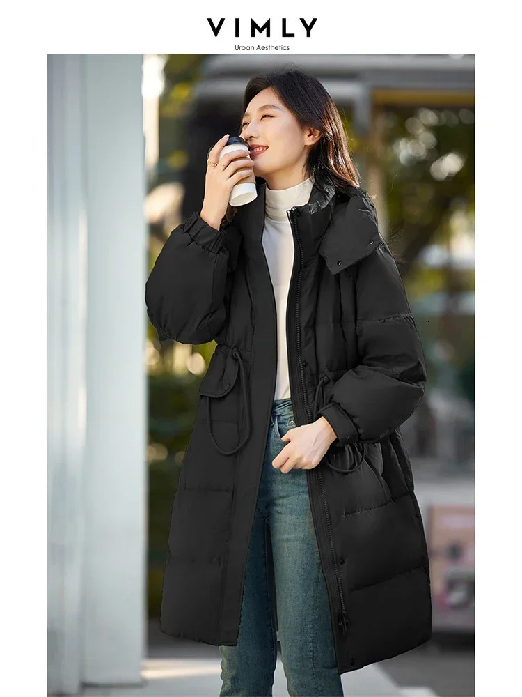 VIMLY Womens White Duck Down Jacket Thick Loose Coat Warm Collar Hoodie City Leisure Long Park Coat 241023