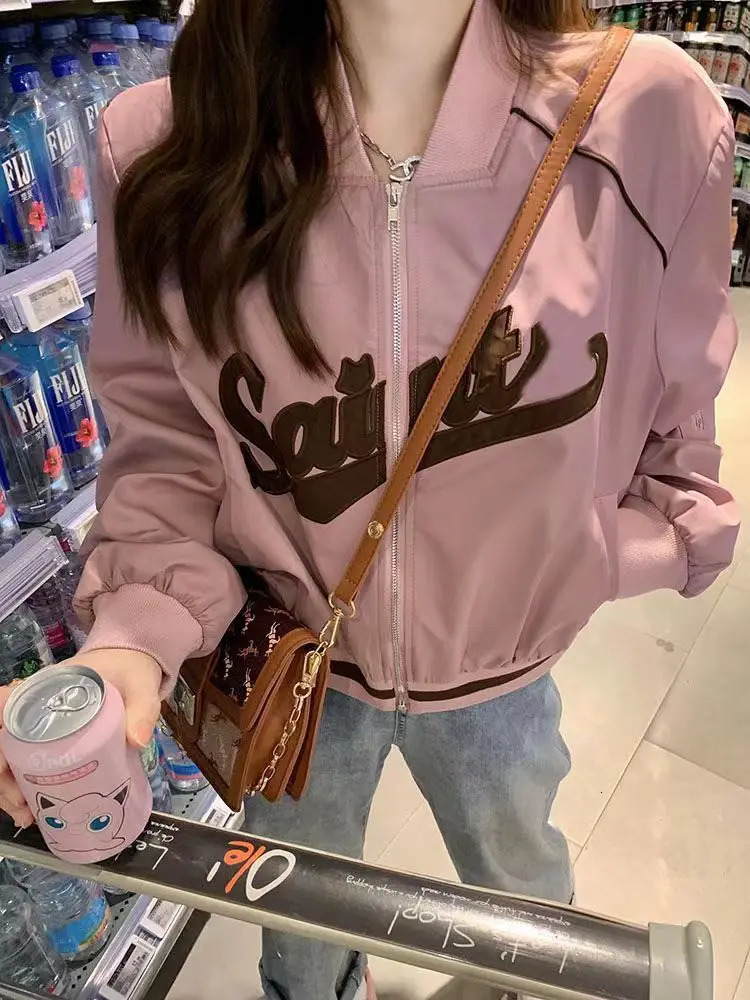 Womens Y2K baseball jacket loose oversized crop bomber jacket womens letter printed sports shirt womens Korean windproof jacket 241024