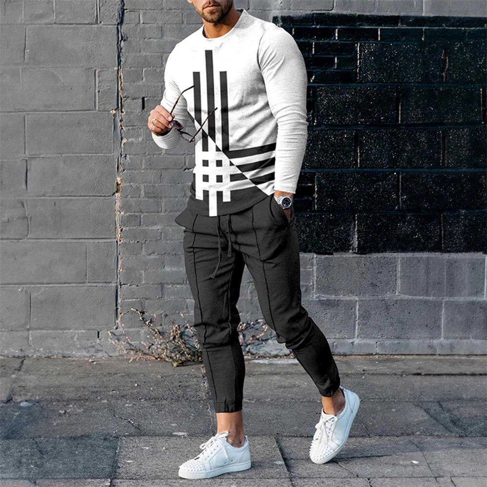 Mens long sleeved t-shirt track wear 2-piece set sports shirt sports pants set printed top mens sports shirt 241024