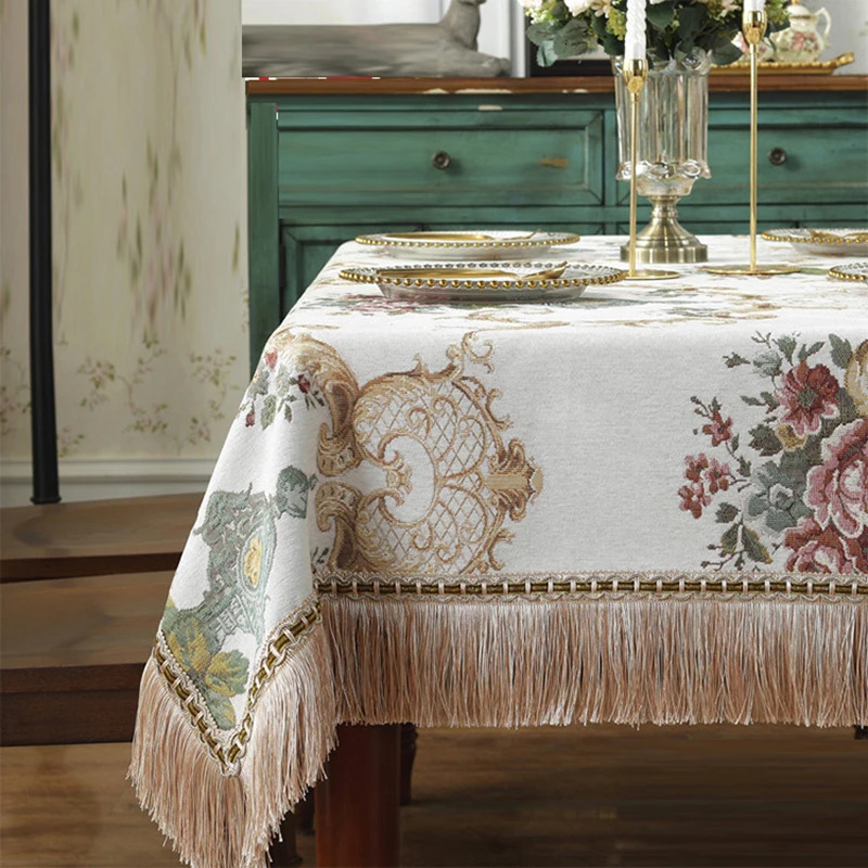 European retro dining tablecloth embroidered tablecloth with tassels floral cover elegant tablecloth decoration for living room 241024