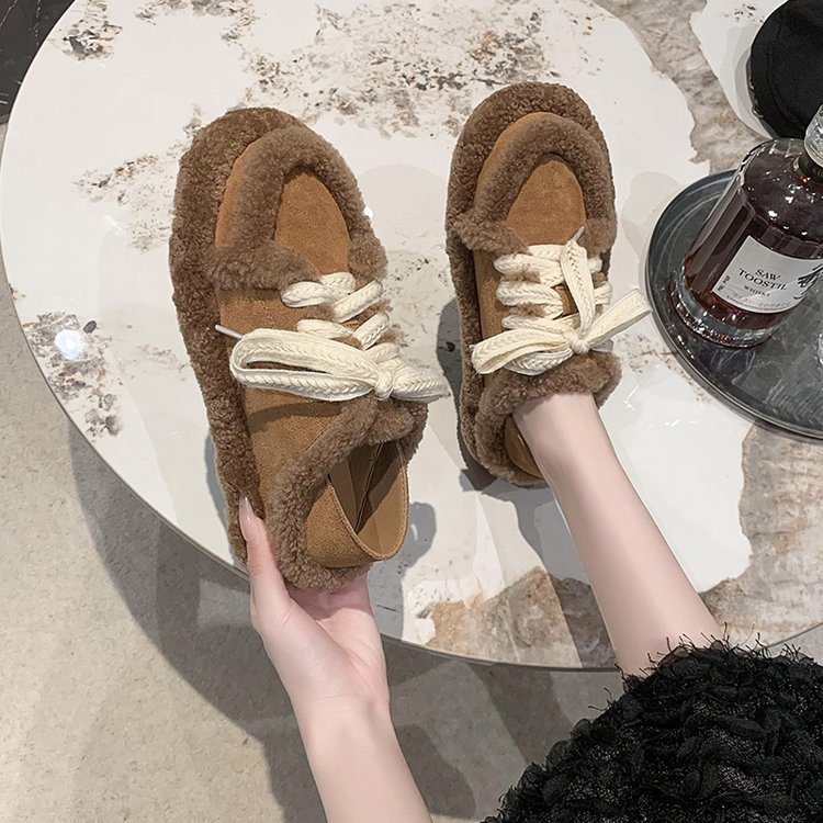 Autumn Winter New Lamb Wool Round Toe Lace Up Casual Flat Cotton Shoes