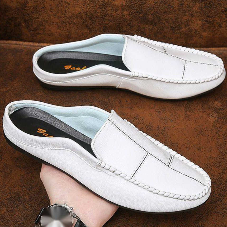 Men Dress Shoes Summer British Bean Shoes Mens Half Slippers Lazy One Step Leather Shoes No Back Heel Breathable Mens Casual Shoes 241009