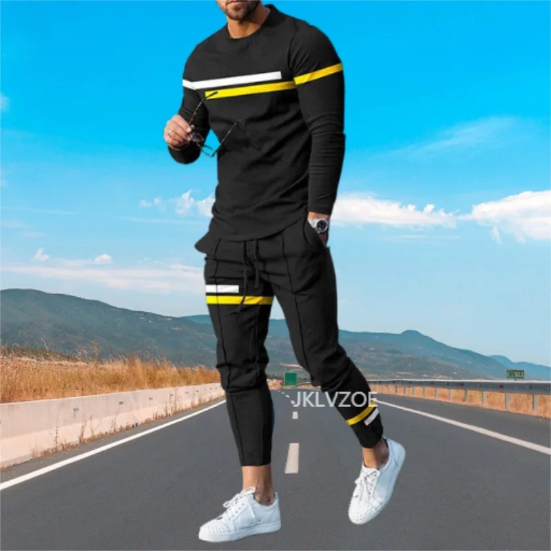 3D printed yellow mens streetwear autumn mens fashion long sleeved T-shirtTrousers casual tracksuit 2-piece set 241024