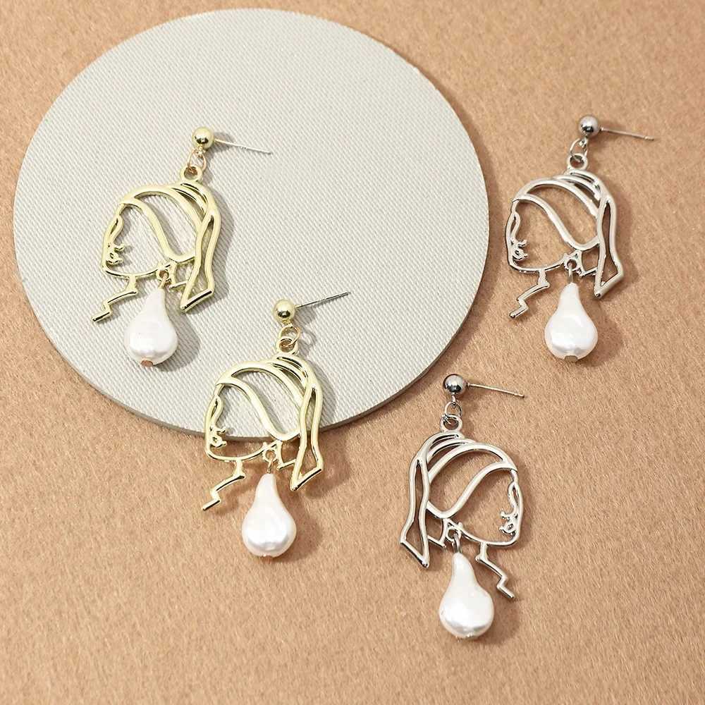 New Retro Girl Abstract Line Female Pendant Earrings Simple Pearl Face Pendant Earrings Elegant Female Earrings Jewelry Gifts W241023