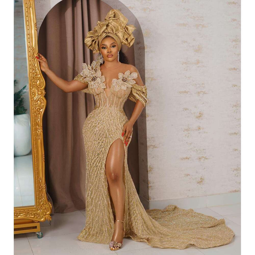 Sparkg Gold Lace Beaded African Prom Dresses with Detachable Train Handmade 3D wer Nigerian Wedding Reception Dress Dinner
