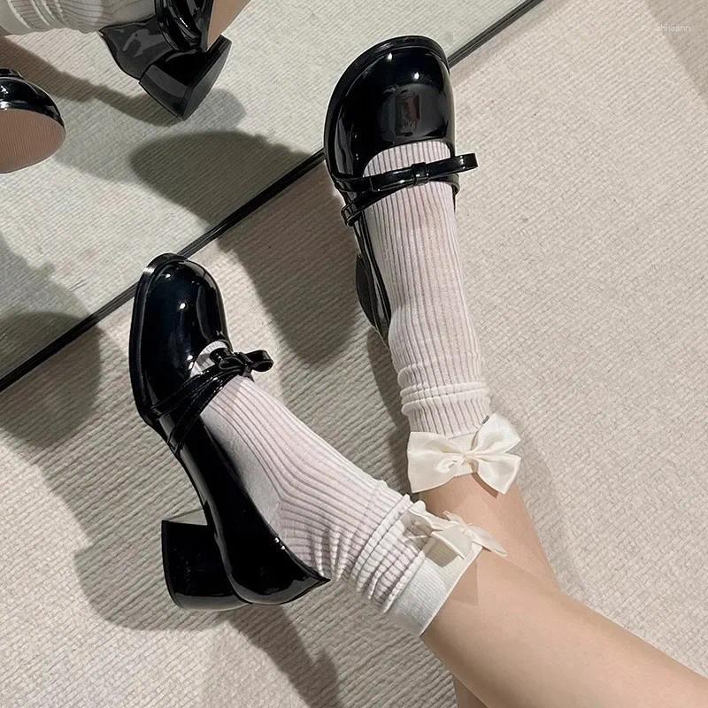 Casual Shoes Autumn Sweet Cool Style Patent Leather High Heels Mary Jane Women's Bow Shallow Mouth Round Head zhanyishengli