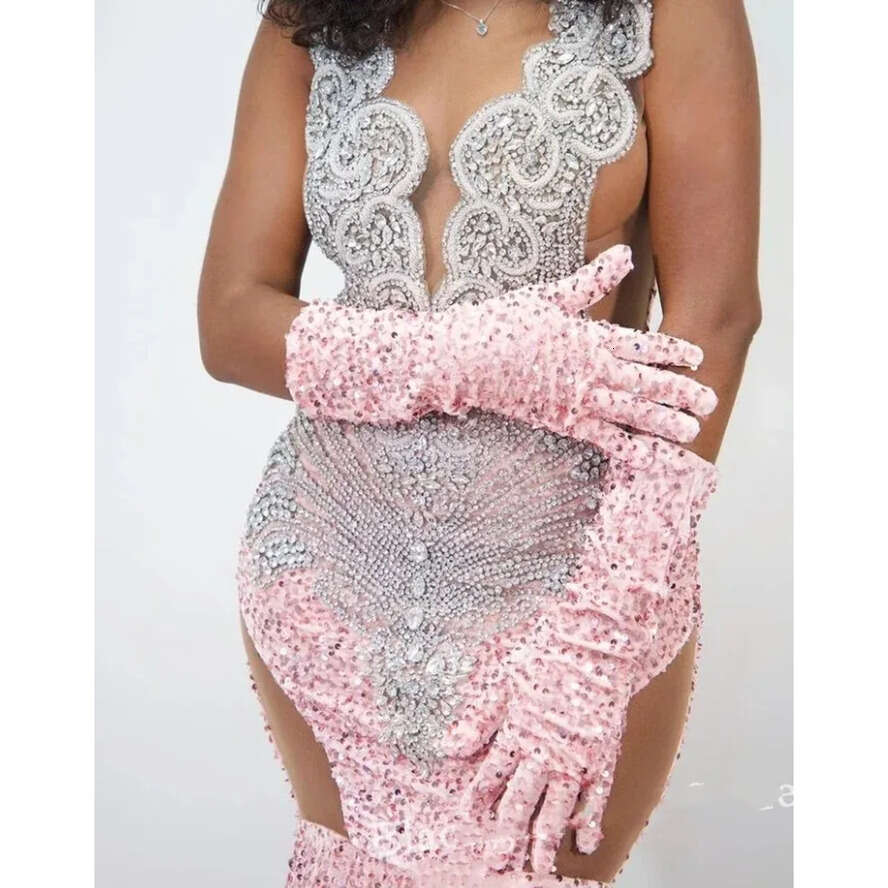 Sparkg Peach Pink Long Prom Dress 2024 For Black Girls Sexy Diamante Sequins See Through Birthday Party Gowns Vestidos