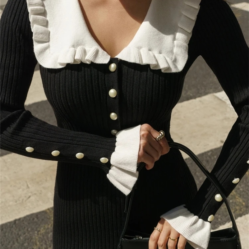 TARUXY High Waist Ruffled Maxi Dresses For Women Autumn Winter Knitted Slim Long Dress Vintage Woman Retro Elegant 241007