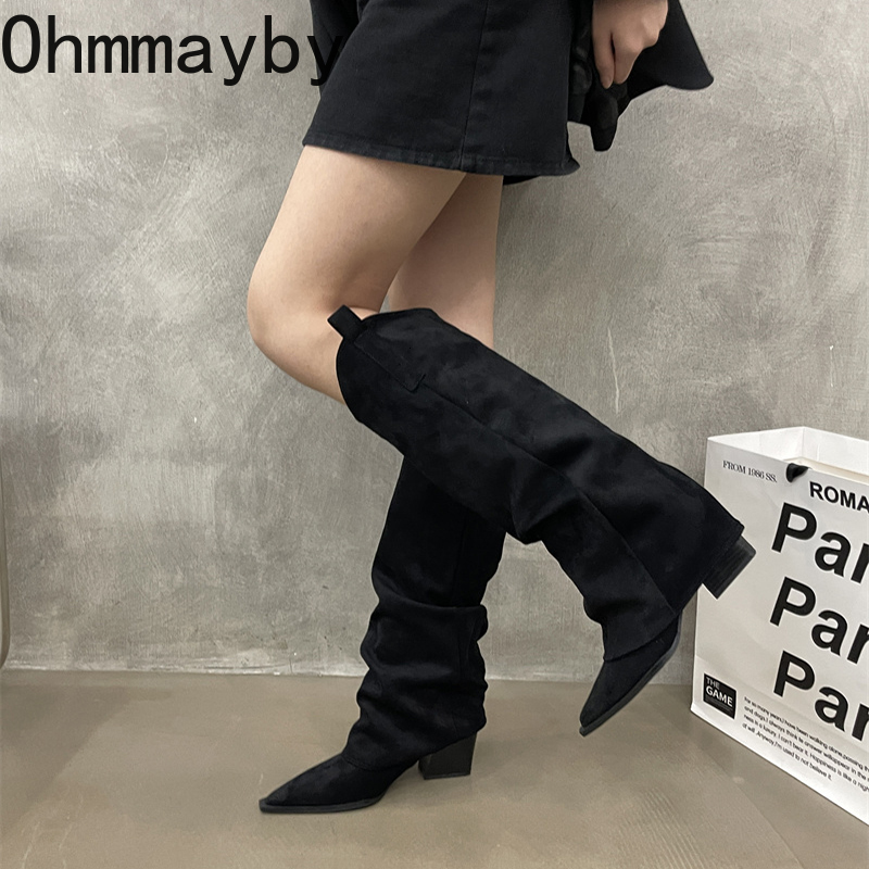 Winter Women Knee High Boots Fashion Pointed Toe Slip On Long Booties Designer Thick Heels Botas De Mujer