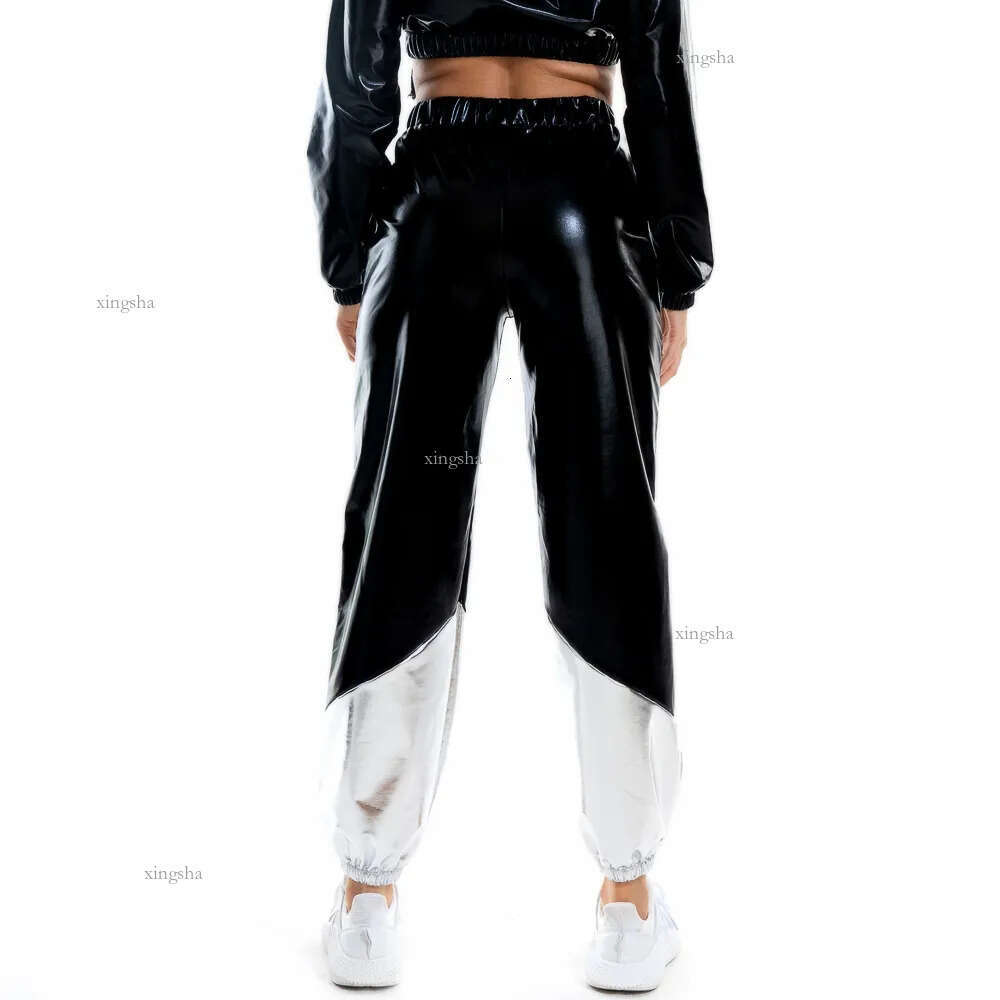Women Reflective Long Pants with Pockets High Waist Loose Holographic Patchwork Trousers Club Dance Jogger Pants Clubwear LJ201130