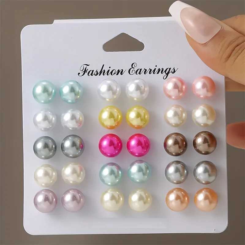 15 pairs of Korean charm multi-color imitation pearl stud earrings trend acrylic ball bead earrings womens banquet wedding jewelry W241023