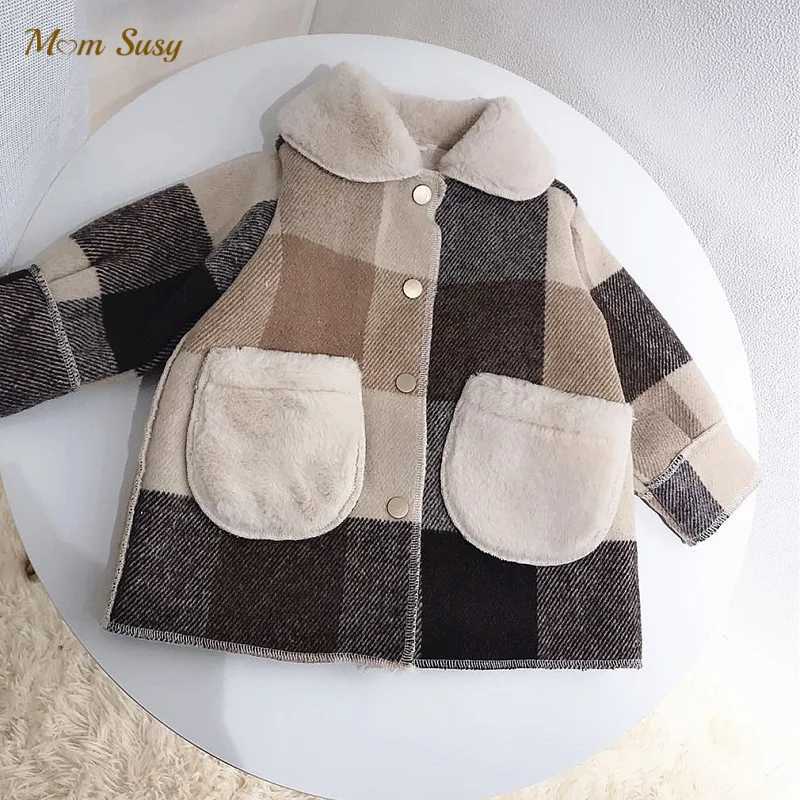 Baby boy girl wool jacket fur in a warm plaid baby collar coarse tweed coat long wool winter baby coat 1-14Y W241023
