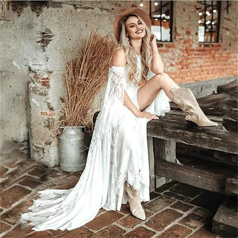Celtic Fulllace Boho Wedding Dresses 2025 Civil Sexy Slit Bohemian Bride Dress Backless Vestio De Novias Elvish Country Bridal Dress Elegant Robe De M