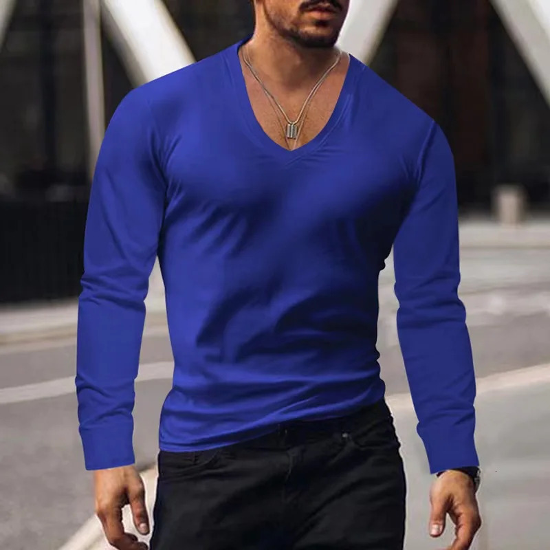Spring/Summer/Autumn Mens T-shirt Casual Long Sleeve Fitness Solid Sexy V-neck Mens T-shirt 241024