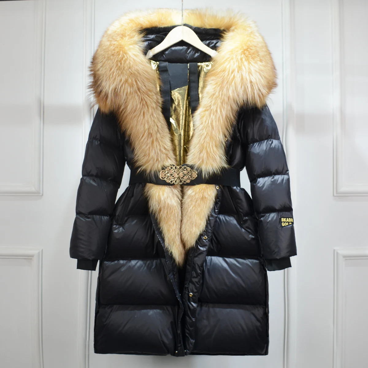 Lagabogy Winter Womens Warm Inflatable Jacket Womens Thick Down Jacket Long Coat Waterproof Strap Parkas Fox Fur 241023