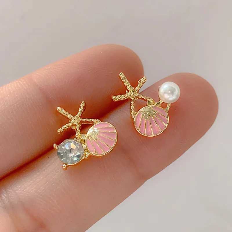White Pink Shell Starfish Stud Earrings for Women Cute Asymmetric Imitation Pearl Rhinestones Beads Charms Small Ear JewelryX241023