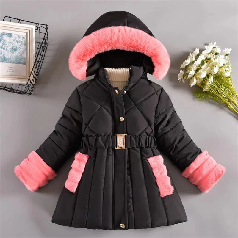 Winter girls with velvet warm coat childrens hooded thick coat childrens clothing fashionable long park girls aged 4-12 241024