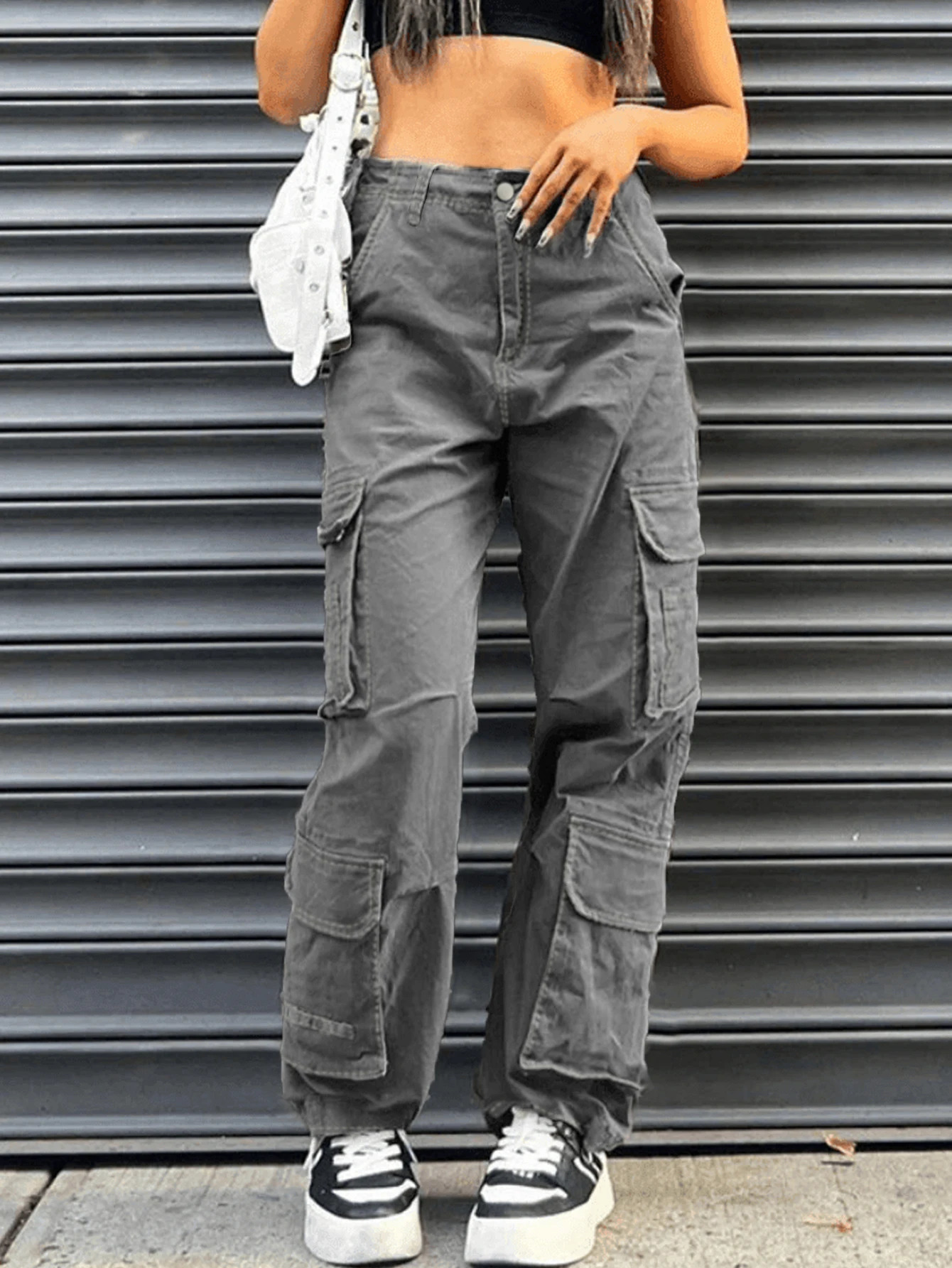 Womens cargo pants high waisted fashionable casual work straight slimming girl bag multiple pockets 241023