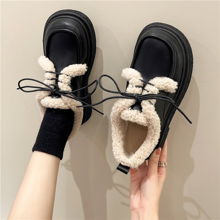 Women's Winter Fleece Shoes: Slip-on Versatile Leather Casual Shoes, Black/Beige/Brown 5f04