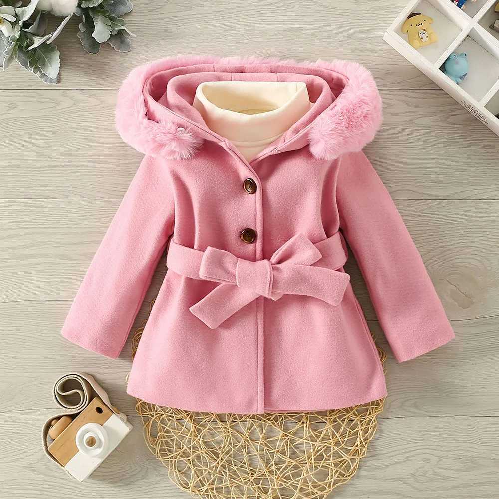 Autumn and winter new girl big wool collar hooded wool coat childrens cute solid bow wool coat W241023