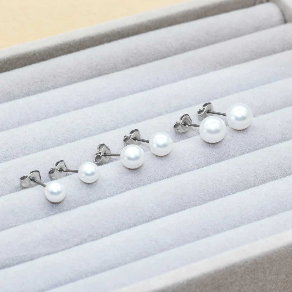 Titanium Needls With ABS White Pearls 6 7 8mm Stud Earrings No Fade Allergy Free Brief Style For Men And WomenX241023