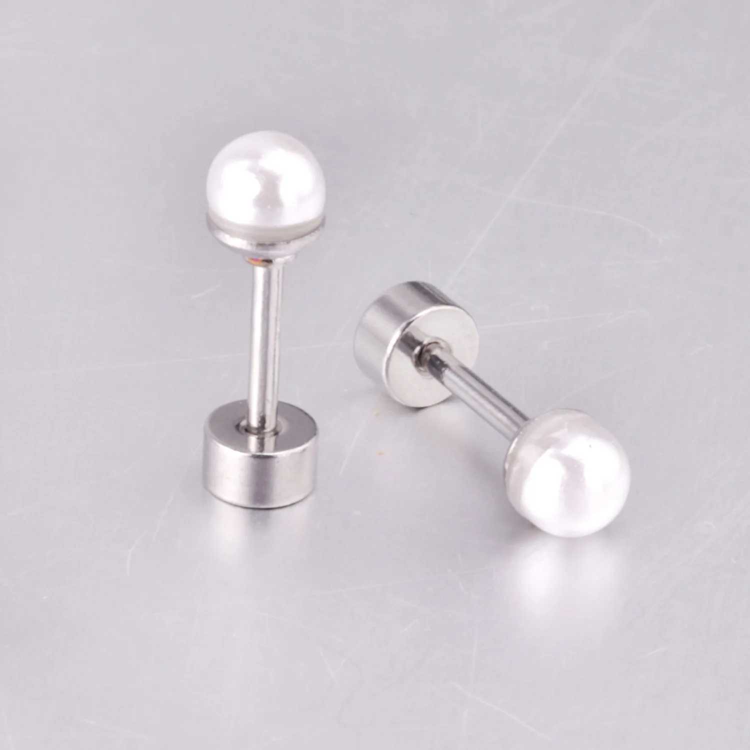 Pearl screw stud earrings womens stainless steel earrings 8mm white 20G perforated sleep mens fashionable earrings W241023