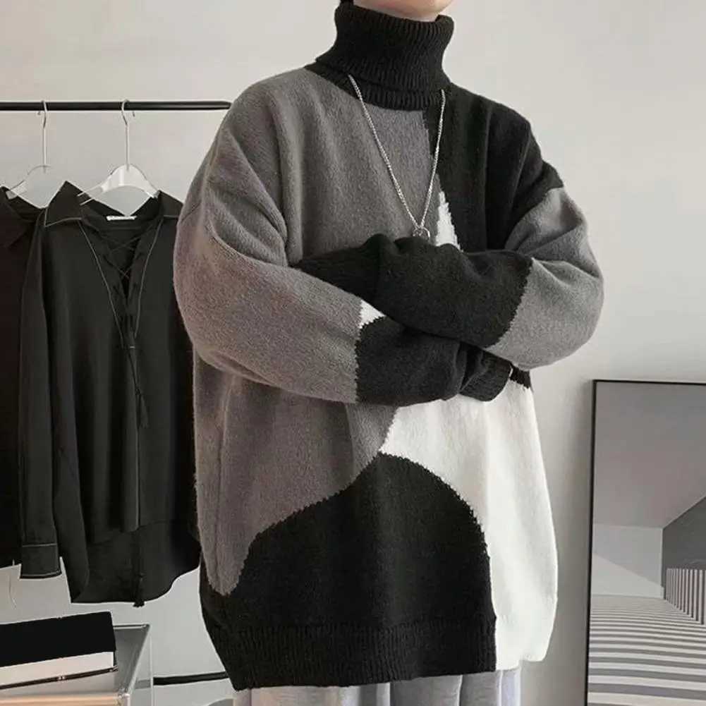 High Collar Sweater Colorblock Knitted Turtleneck Mens Sweater with High Collar Neck Protection Soft Warmth Elastic Mid Length LX241024